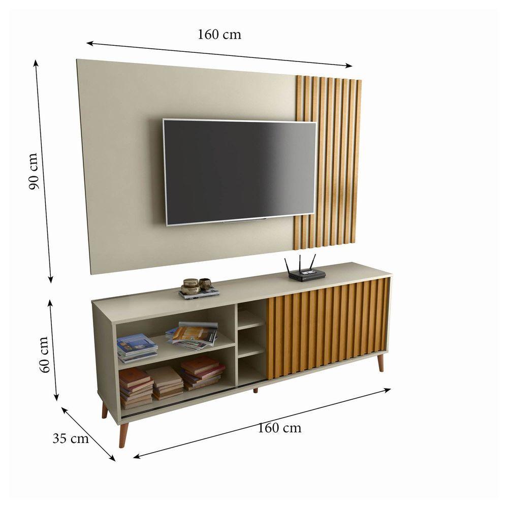 Miniatura Rack Bacada Sala Para Tv Até 50 Polegadas Com Porta Ripada Luara 160x60cm Off White / Ipê