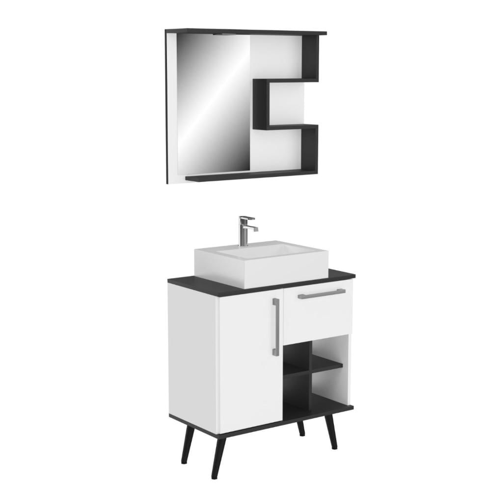 Conjunto de Banheiro Gabinete com Pés com Cuba e Espelheira Veneza Branco/Preto