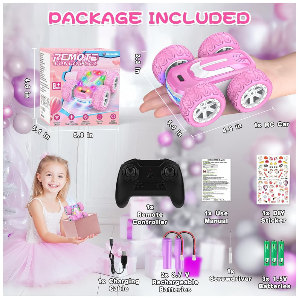 Miniatura Carrinho de Controle Remoto Rosa para Meninas, Carro RC com Adesivos Personalizáveis, Luzes Coloridas e Acrobacias 4WD - 360° de Giro,Kazswitle