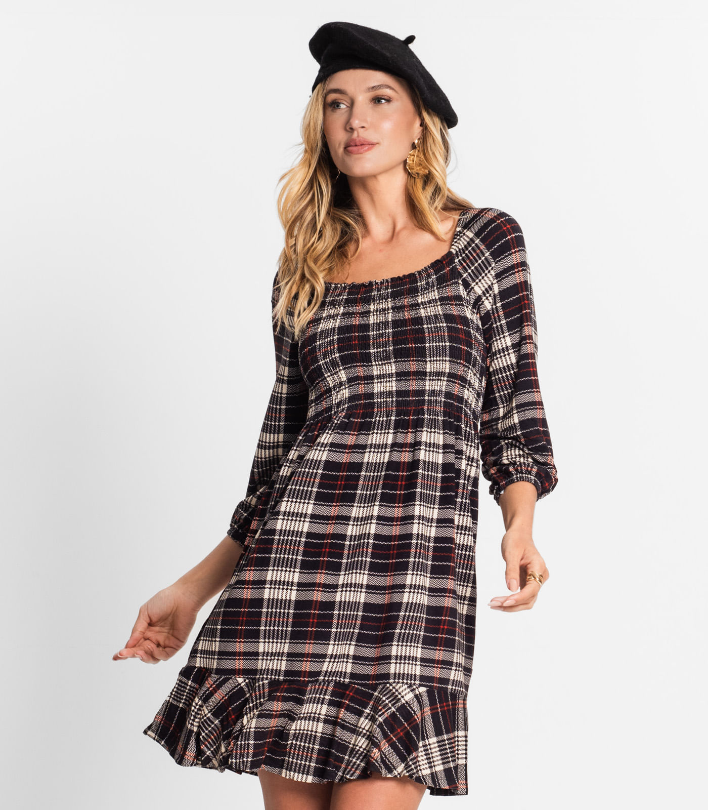 Miniatura Vestido Xadrez Feminino Mangas 3/4 Endless Preto G