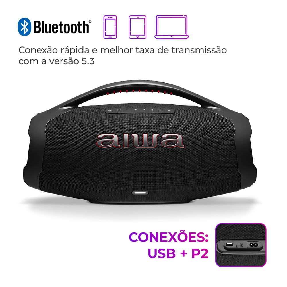 Miniatura Caixa de Som Boombox Plus AIWA BBS-01-B 200W Bluetooth 30H IP66 USB Preto BOOMBOX AWS-BBS-01-B BIVOLT