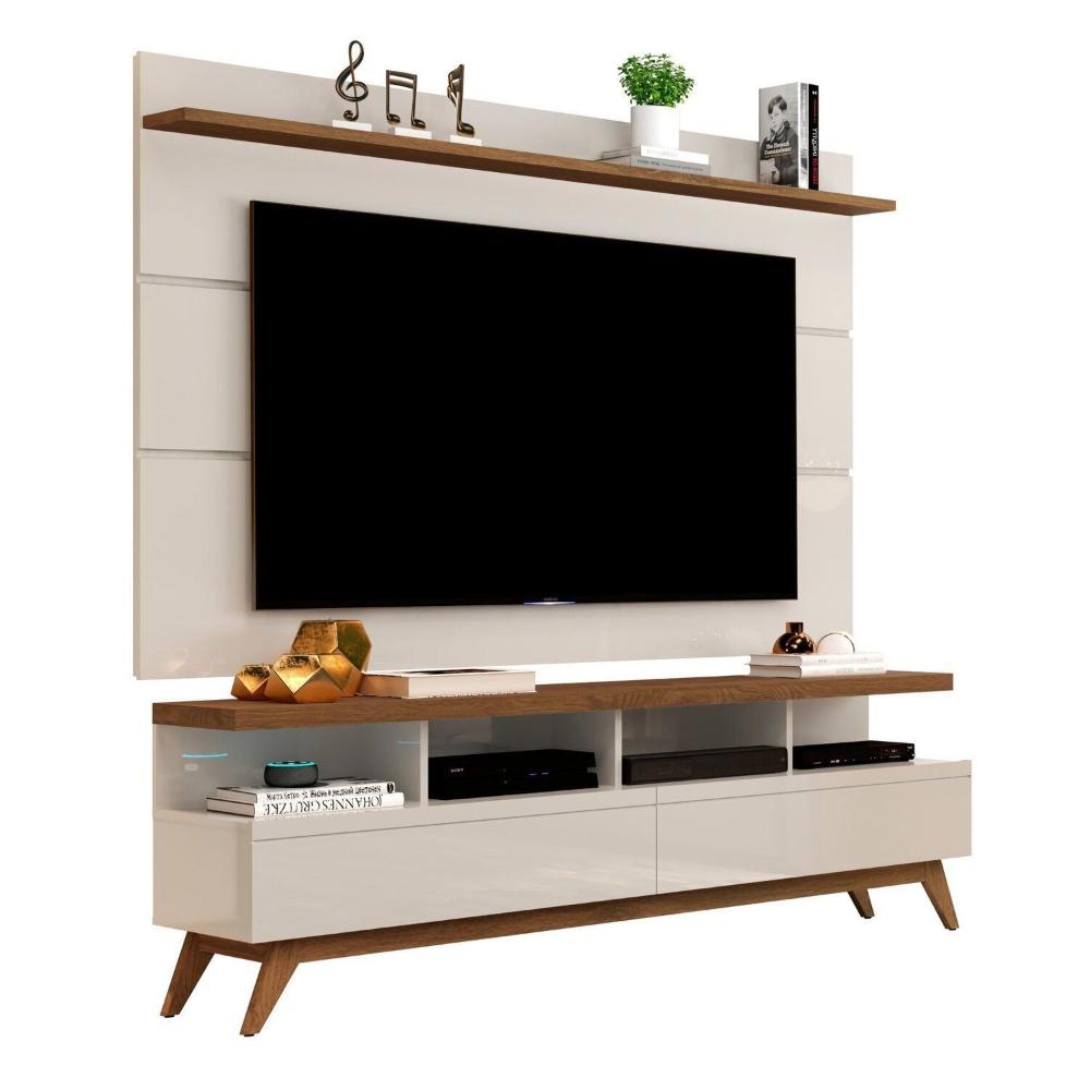 Miniatura Rack com Painel para Tv 60 Polegadas Pés em Madeira Maciça Off White/Freijó