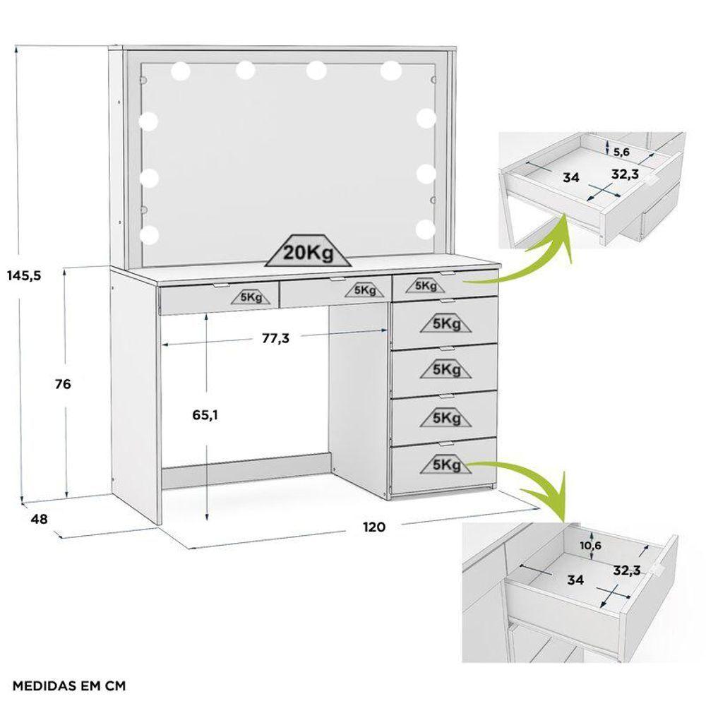 Miniatura Penteadeira Ditália 7 Gavetas Branco Com Kit Luz Camarim