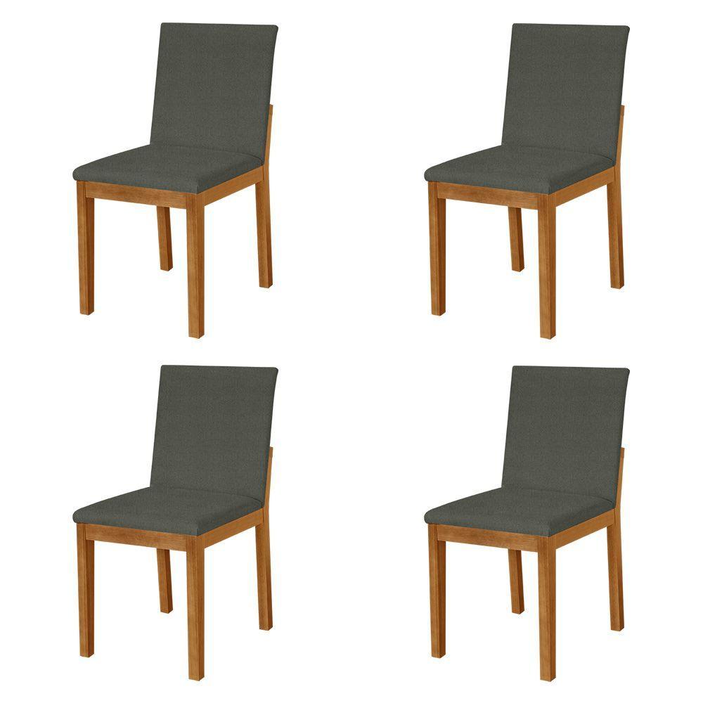 Miniatura Kit 4 Cadeiras De Jantar Pérola Estofado Liso Linho Chumbo Base Madeira Maciça Mel