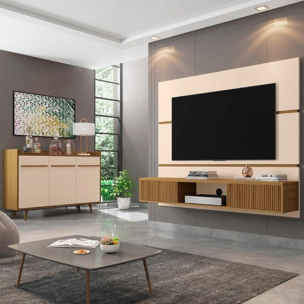 Miniatura Conjunto Painel Âmbar para TV até 65 Polegadas e Buffet Quartzo Pés de Madeira Móveis Bechara Off White/Cinamomo