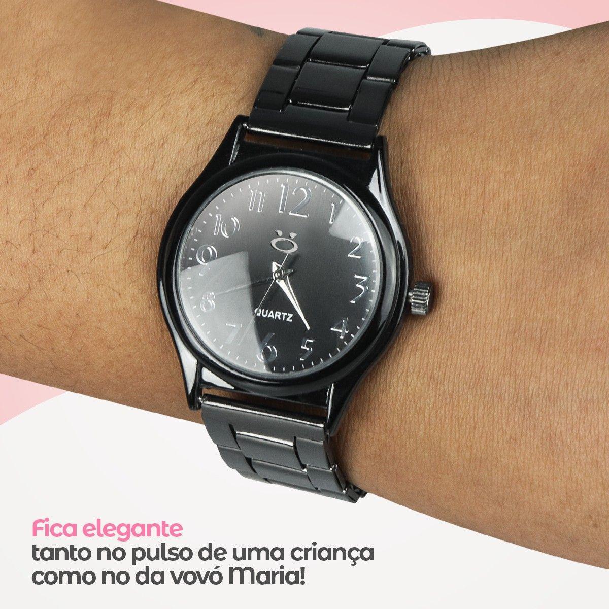Miniatura Relogio Feminino Preto Aço Inox + Oculos Sol Proteção Uv