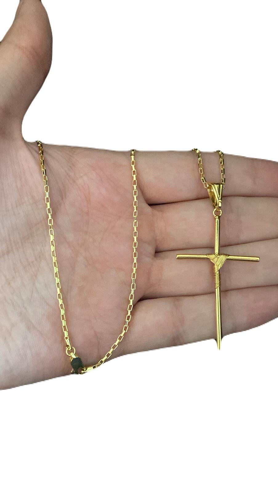 Miniatura Cordão Tijolinho 1Mm + Pingente Cruz Fio - Banhado A Ouro