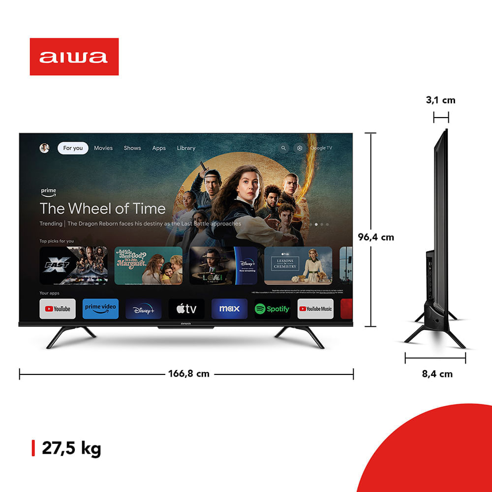 Smart TV AIWA 75” GOOGLE TV 4K Comando de voz Dolby Vision&Atmos BIV