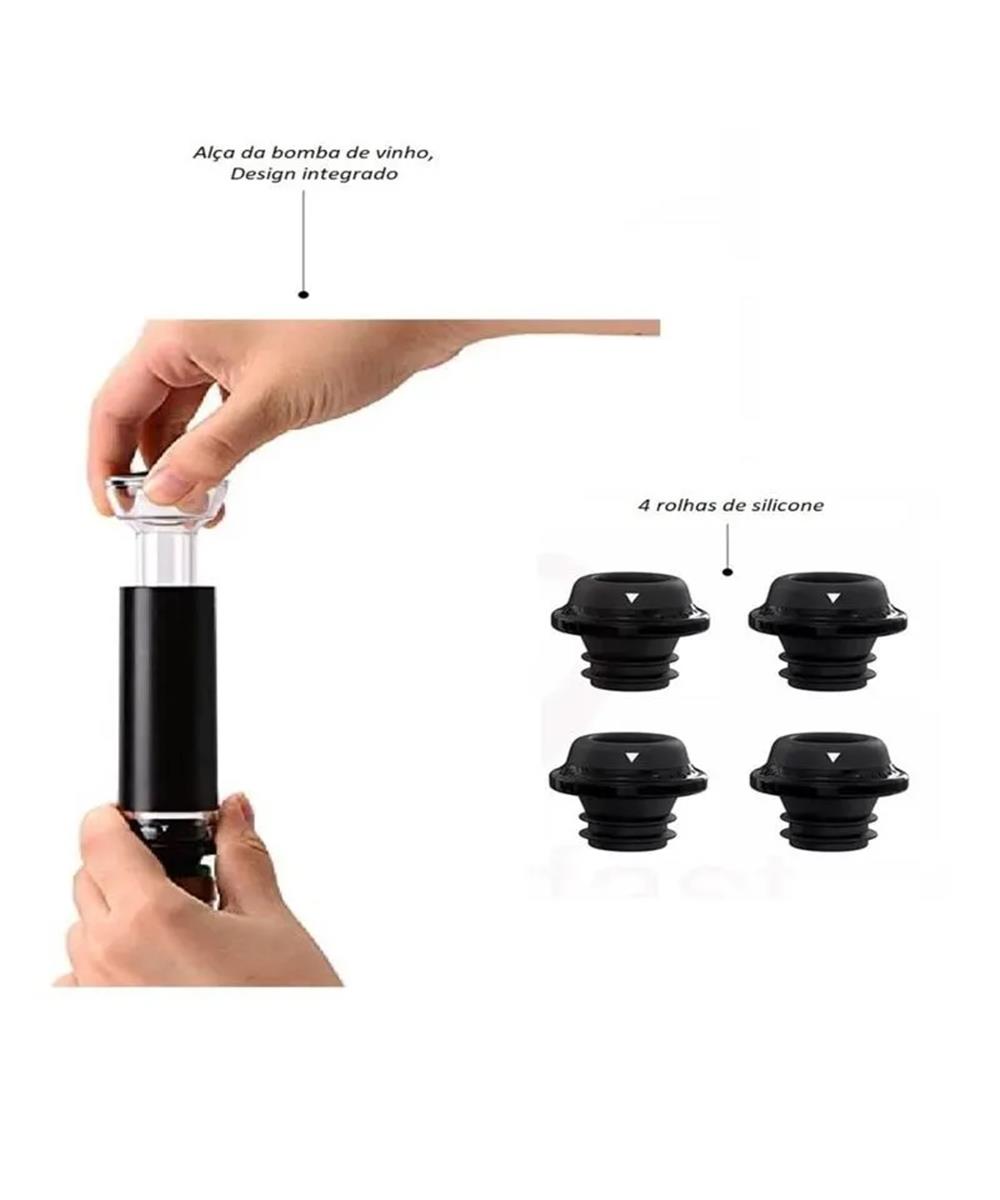 Kit Bomba a Vácuo Manual Vinhos com 4 Rolhas Prana Adega Bar Preto