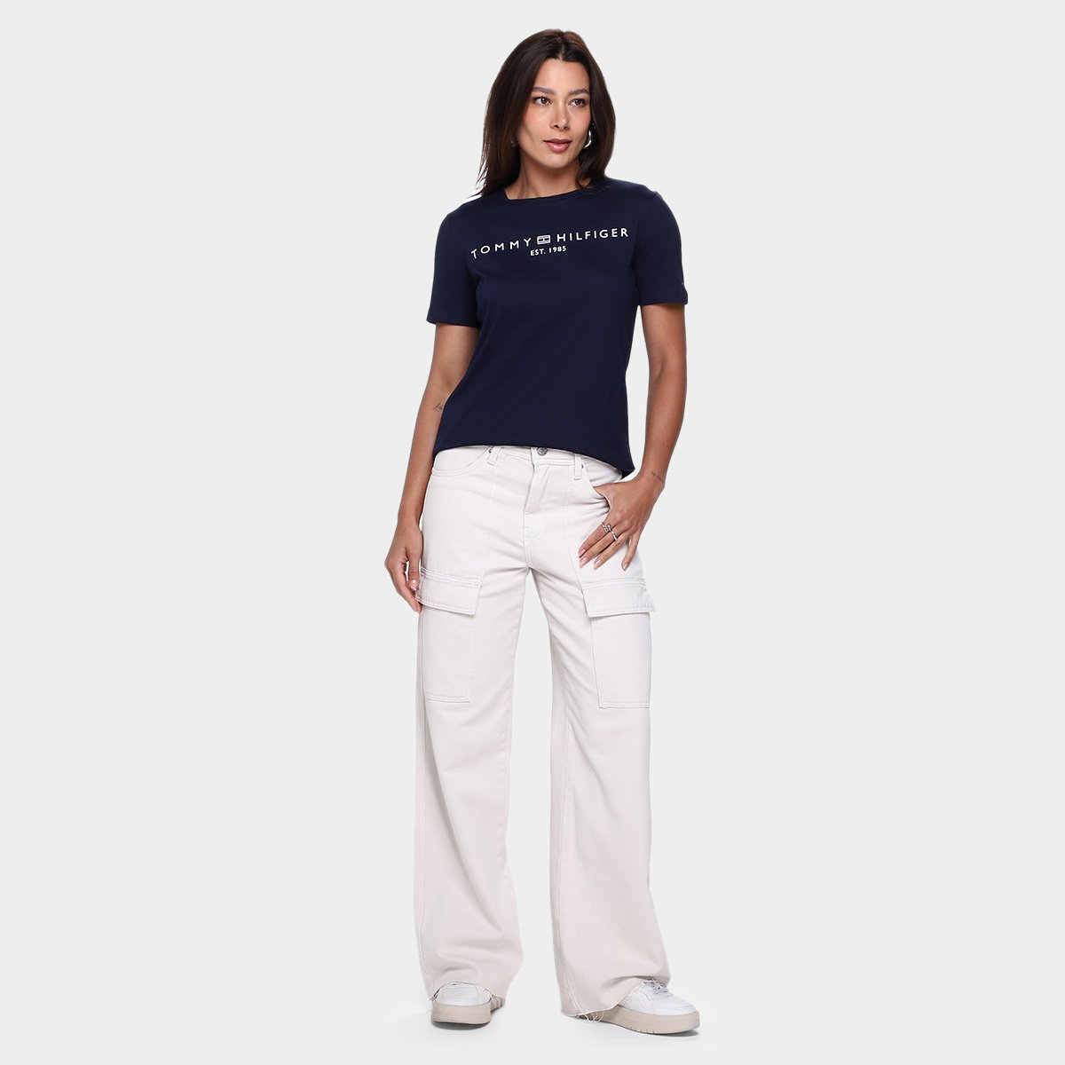 Miniatura Camiseta Tommy Hilfiger Reg Corp Logo Feminina Azul Escuro - G