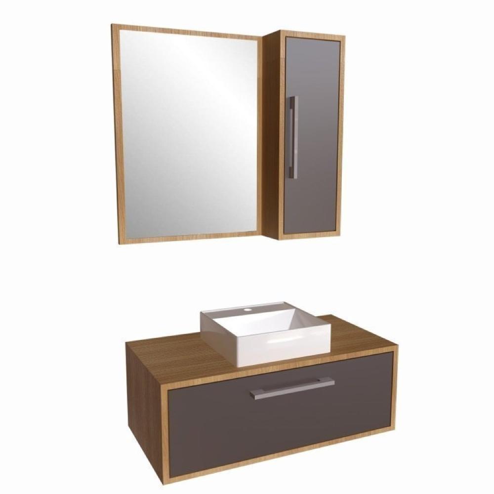 Miniatura Gabinete de Banheiro Suspenso 80cm Alice com Espelheira 01 Porta com Cuba Mel/Grafite