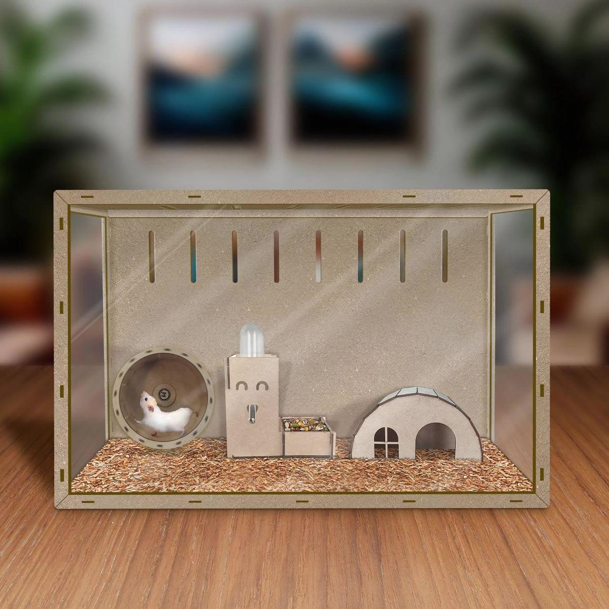 Miniatura Aquário Hamster Mdf Com Ps, Roda, Esconderijo E Brinquedo
