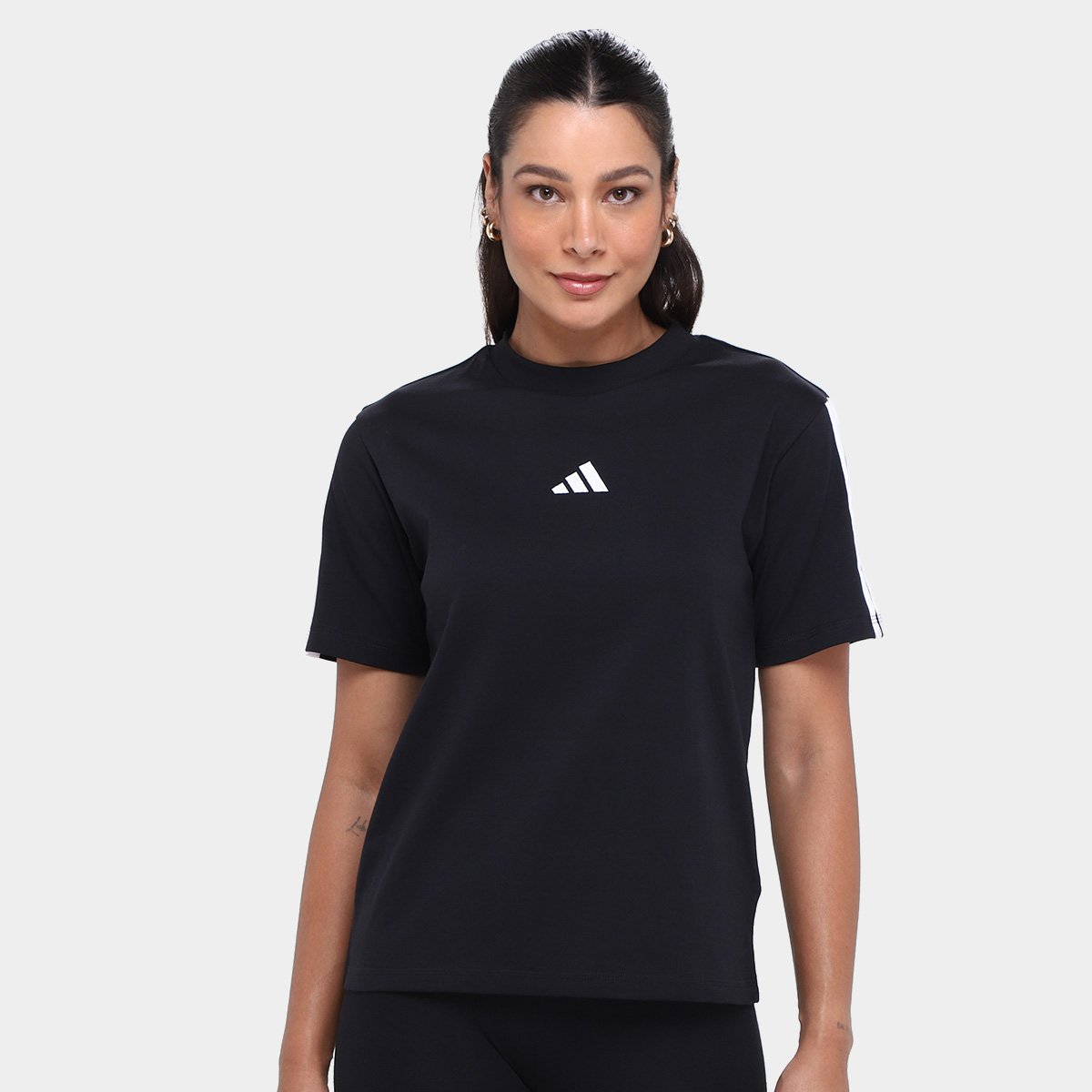 Miniatura Camiseta Adidas 3 Stripes Feminina Preto+Branco - G