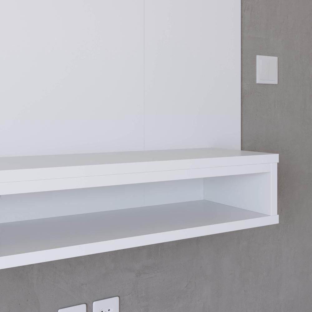 Miniatura Painel Suspenso TV 48 Polegadas Nicho Nairobi Branco e Kit 2 Puff Banqueta Redonda Multiuso Pés Retrô Thor Bege Sala Quarto