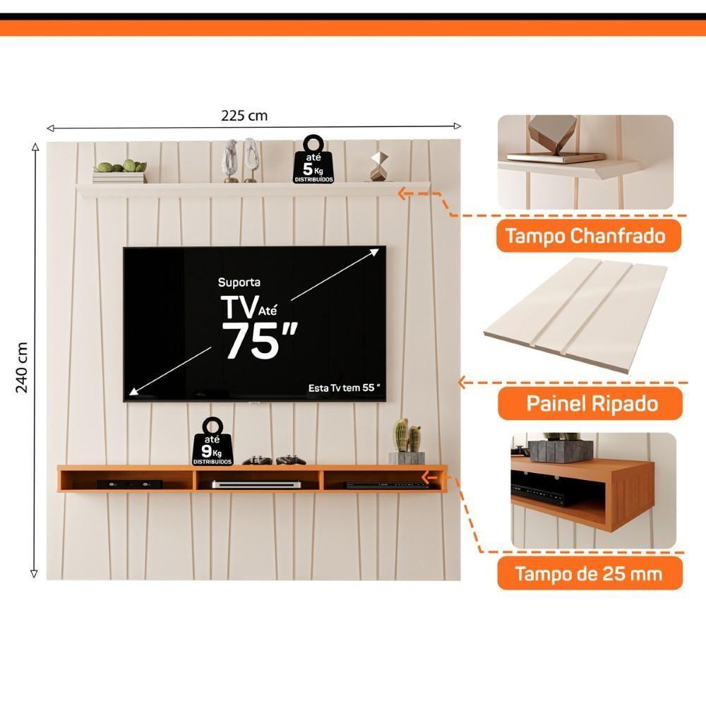 Painel Ripado Horizon Para TV Até 75 Polegadas Com Nicho 225cm Off White Cedro