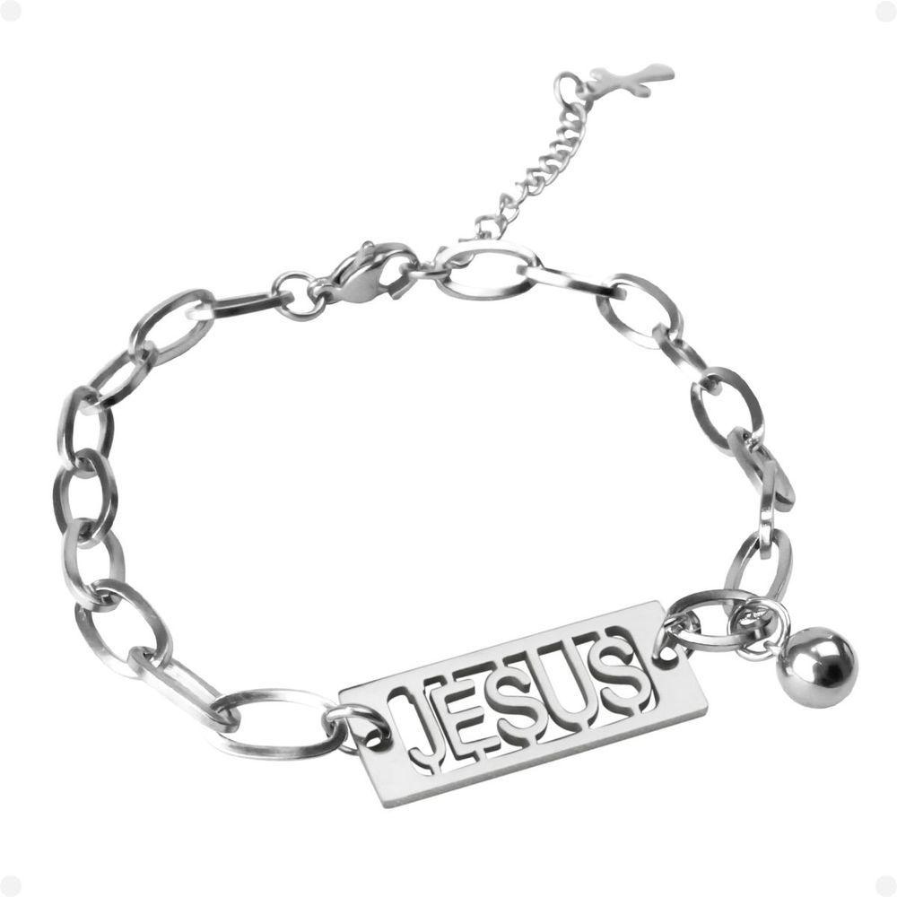 Miniatura Pulseira Masculina Aço Inoxidável Prata + Pingente Jesus Social Casual Religiosa Qualidadde Premium