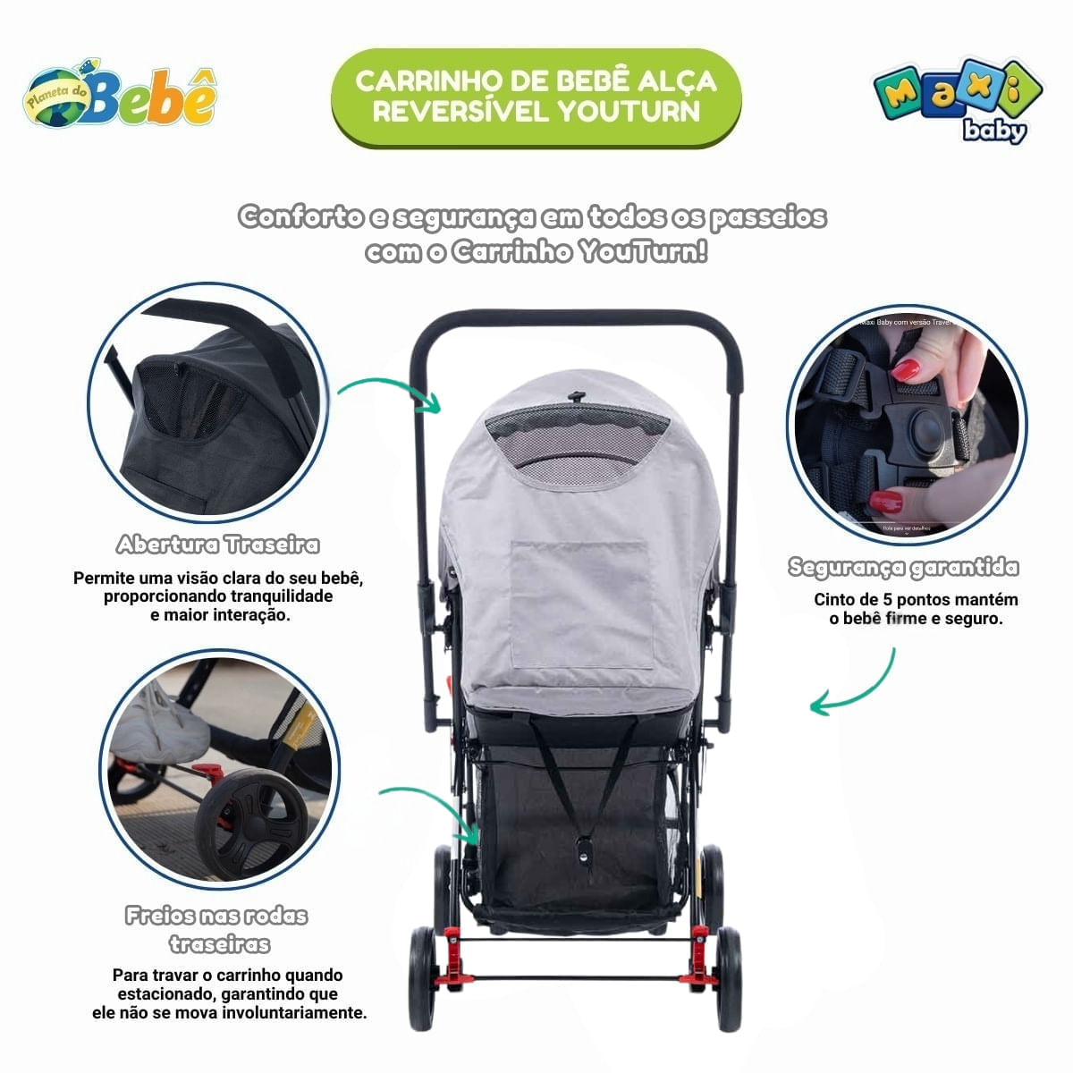 Carrinho de Bebê com Bebê Conforto 2 em 1 Youturn Maxi Baby Cinza