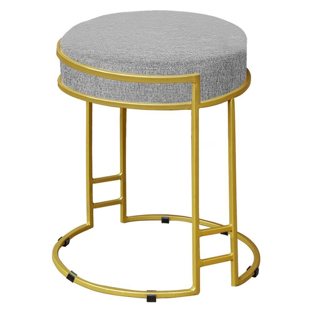 Miniatura Puff Dara Linho Cinza Base Industrial Dourado