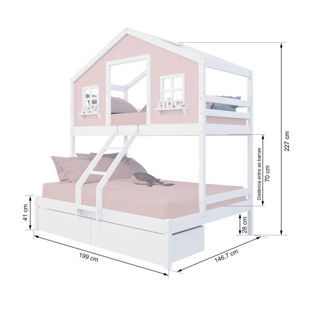 Miniatura Beliche Casal/ Solteiro Casinha Dos Sonhos Com 02 Gavetas Madeira Maciça Rosa/ Branco Megamobilia
