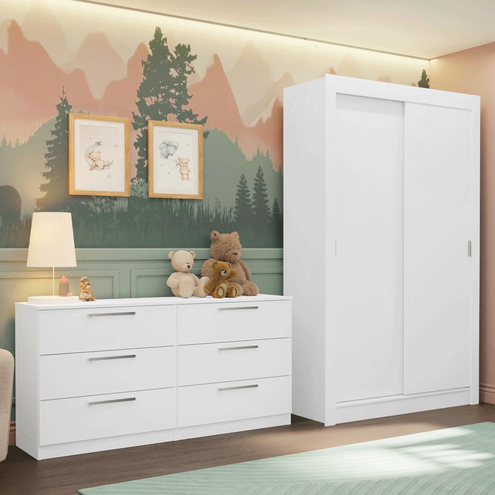 Miniatura Conjunto Quarto Infantil com Guarda Roupa 2 Portas e Cômoda Madesa Branco