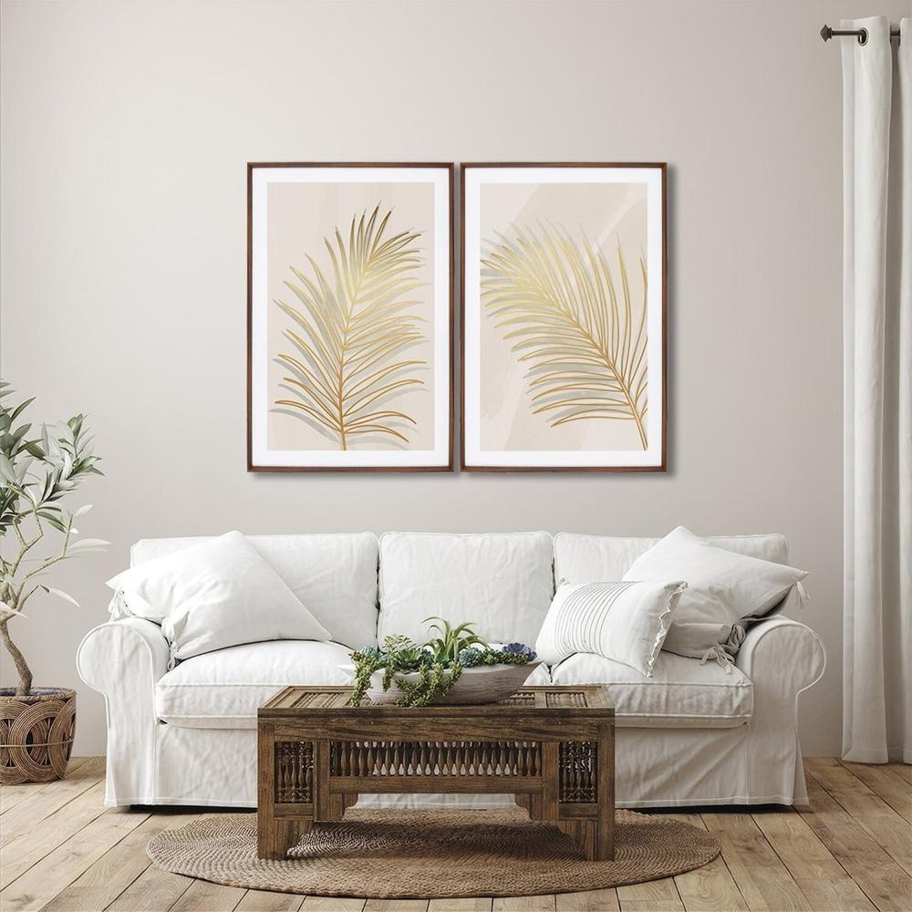 Miniatura Quadro Decorativo Modelo Folha Dourada com 2 Telas para Sala, Quarto, Escritório 60cm X 90cm Branco
