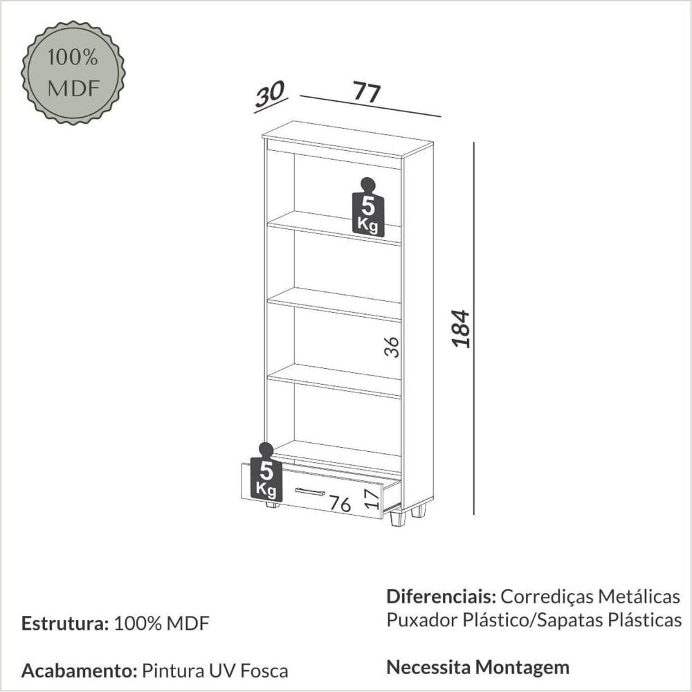 Miniatura Estante para Livros 100% Mdf 184cm X 77cm Off White