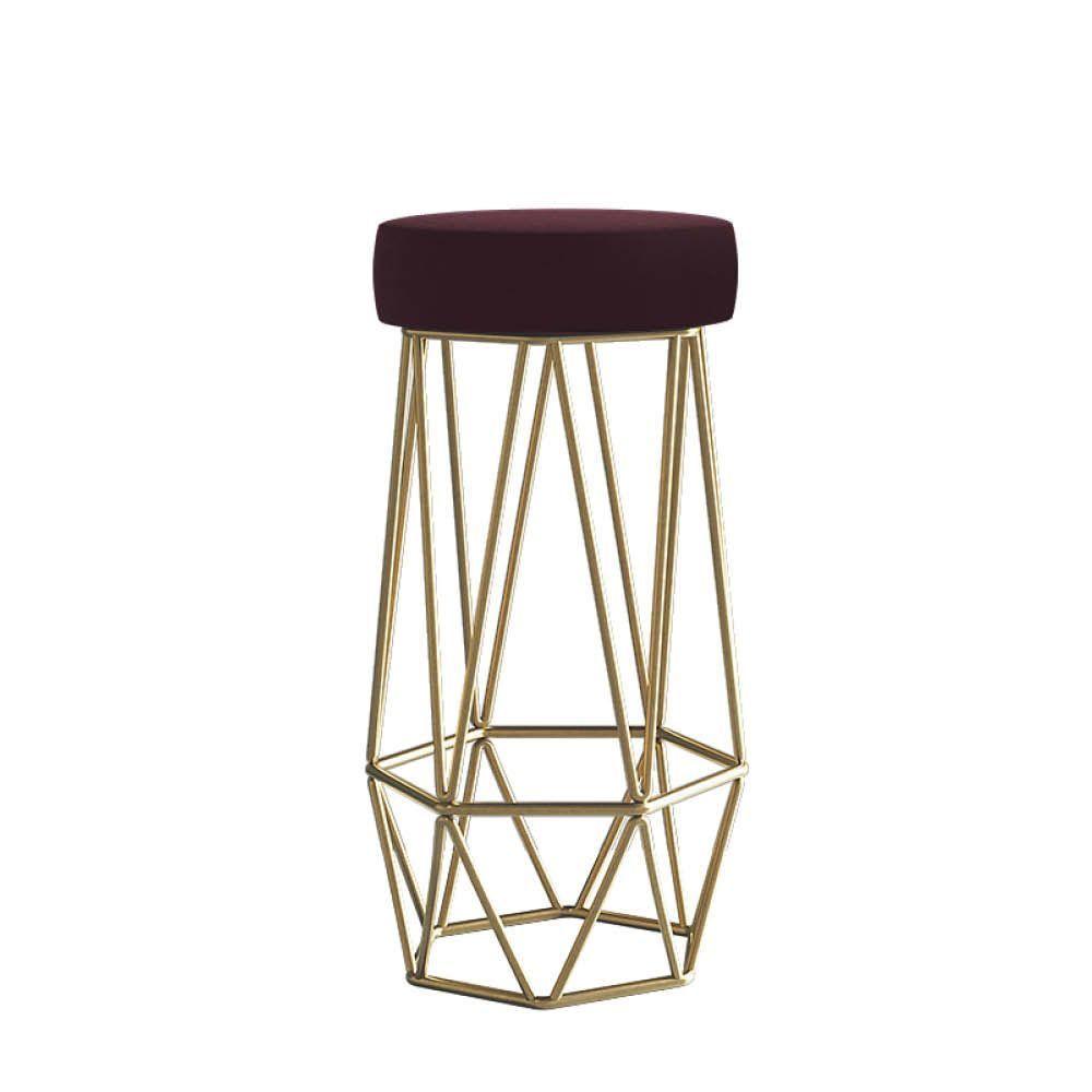 Miniatura Banqueta Com Encosto Mhara Hexágono Cozinha Bar Ferro Dourado Suede Bordô - Ahazzo Móveis