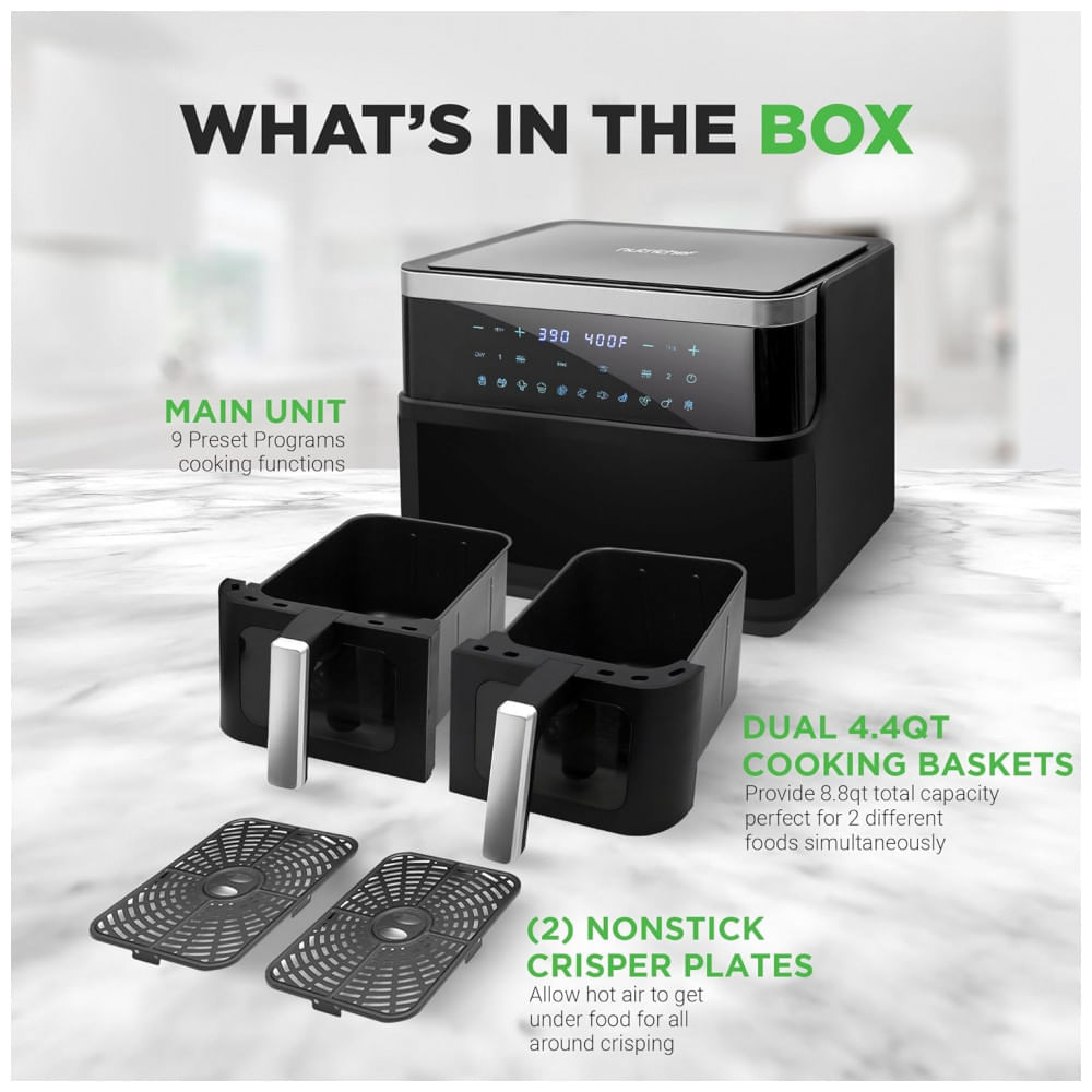 Fritadeira Elétrica Air Fryer com Cesta Dupla de 8 Litros e Display Digital Personalizado, 110V 1700W, NutriChef, Preta