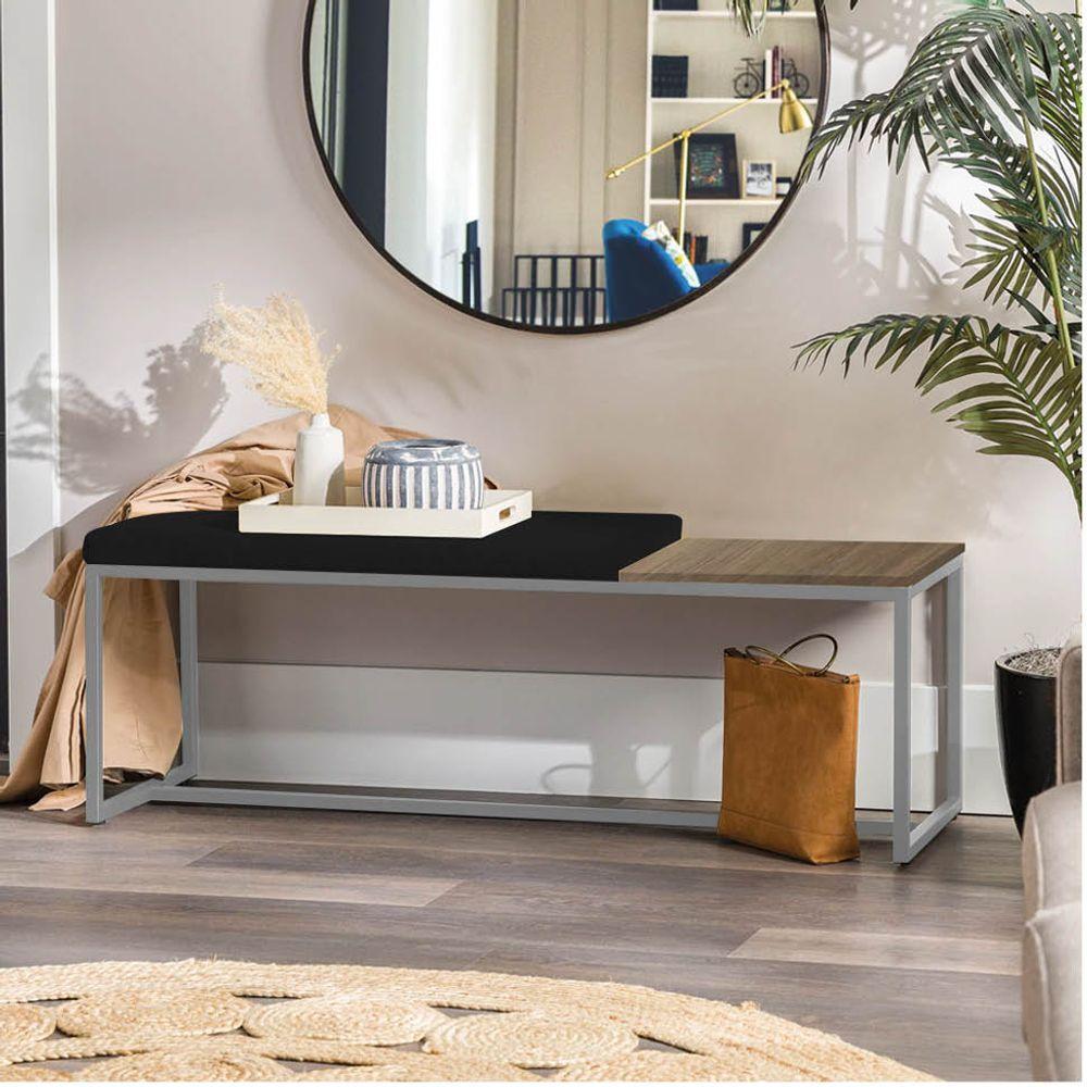 Miniatura Banco Recamier Puff 140cm Industrial Prata Suede Preto Tampo Quadrado Mdf Rústico