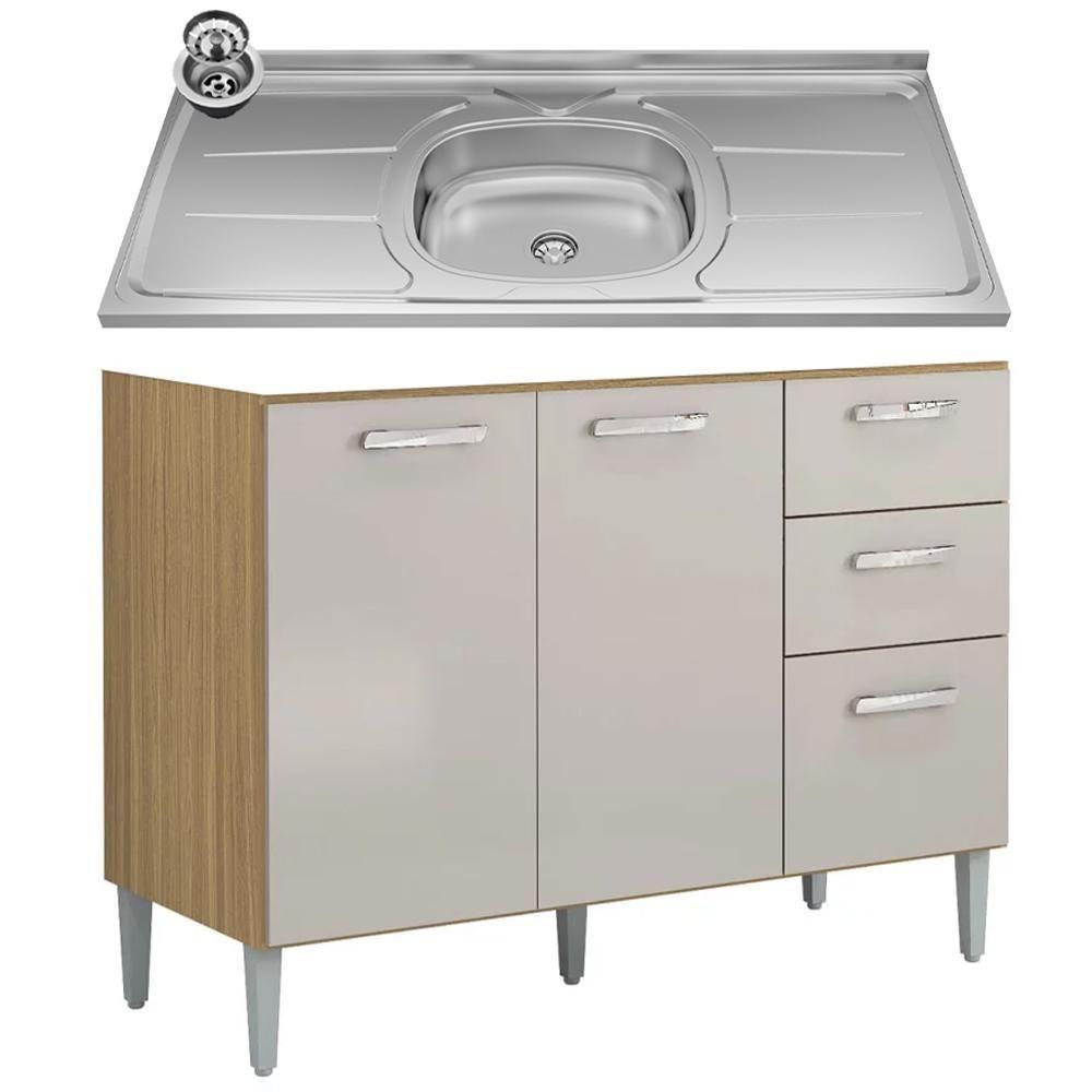 Miniatura Balcão De Cozinha Com Pia Inox 120cm 3 Portas 2 Gavetas Livy P11 Damasco-off White - Mpozenato