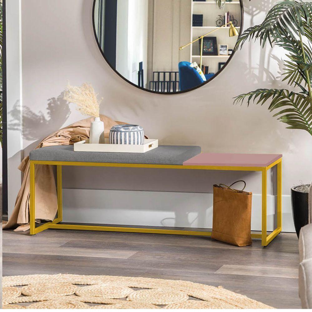 Miniatura Banco Recamier Puff 195cm Industrial Dourado Suede Cinza Tampo Quadrado Rose