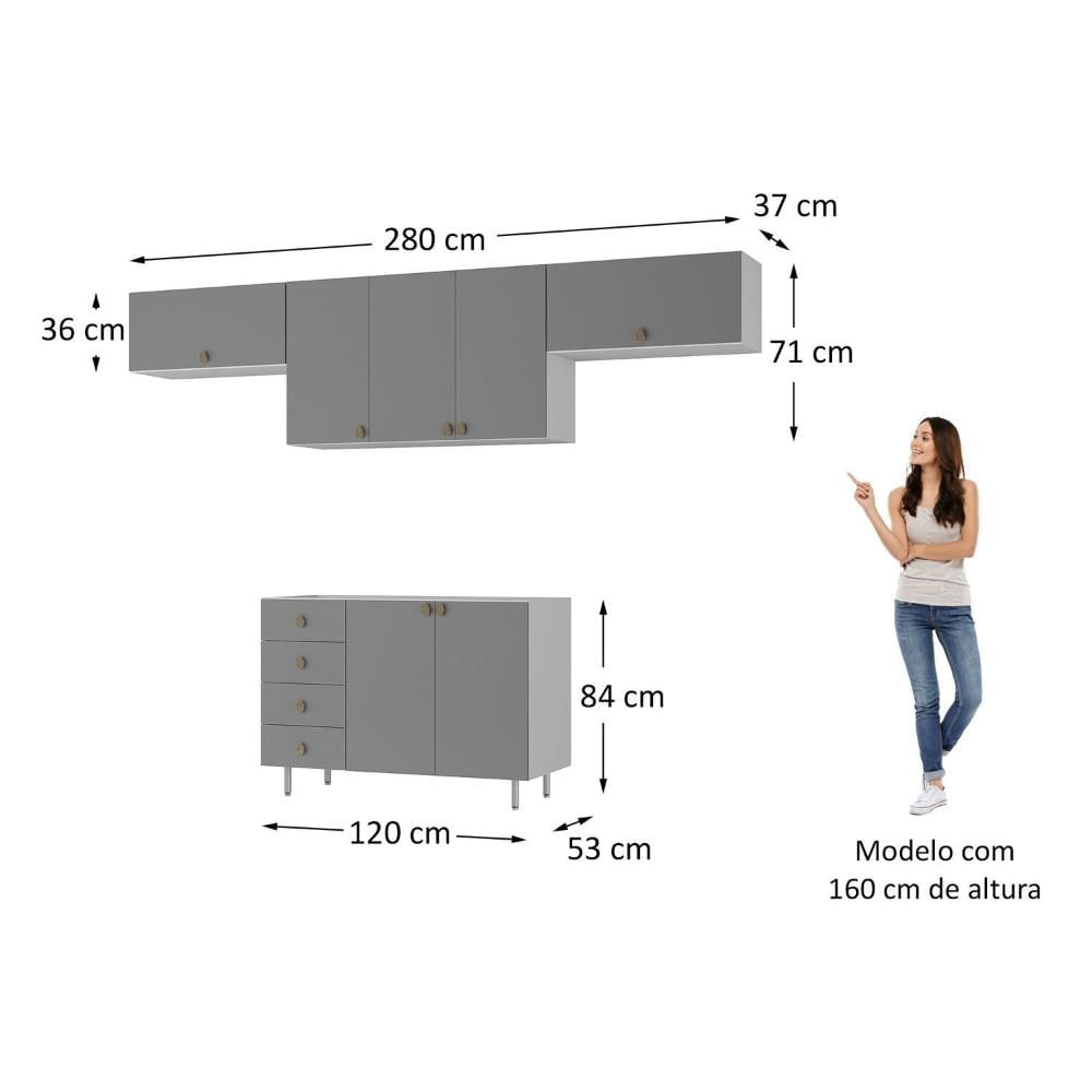 Miniatura Cozinha Compacta 4 Peças 100% Mdf Bp 1 Balcão 3 Aereos Maranello Branco/Panna