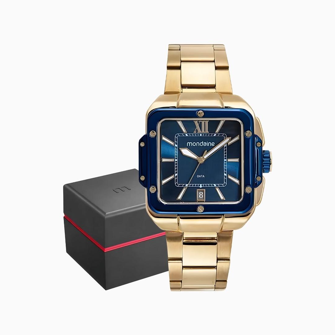 Miniatura Relógio Mondaine Masculino Dourado Fundo Azul 32546Gpmvle2