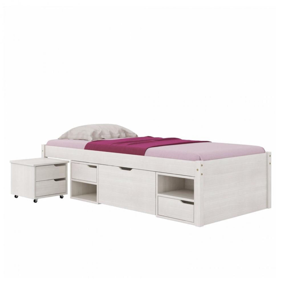 Miniatura Cama Solteiro com 3 Gavetas e 1 Mesa de Cabeceira Charme Inter Link Branco Lavado