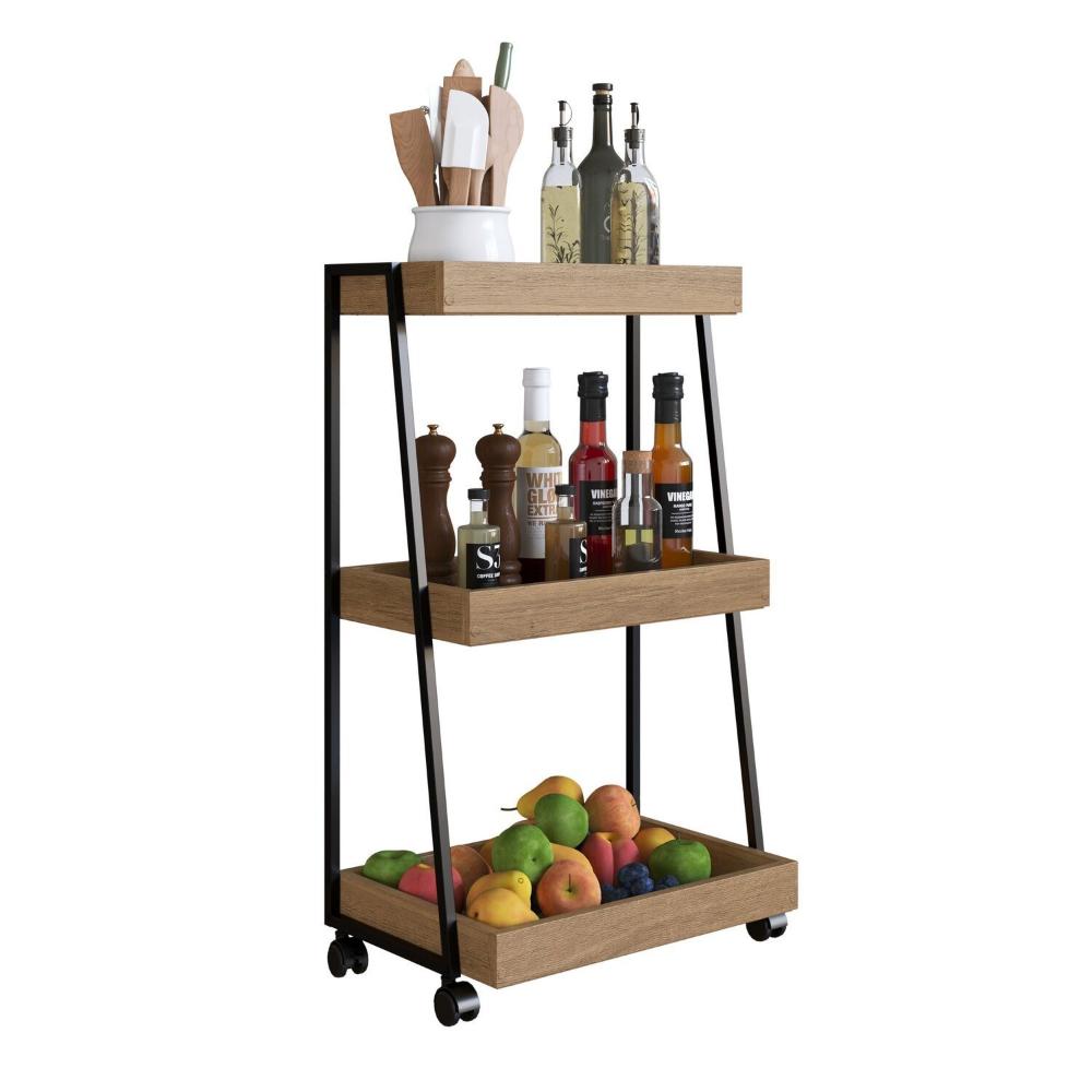 Carinho Organizador Multiuso com 3 Prateleiras e Rodizios Preto/Mel