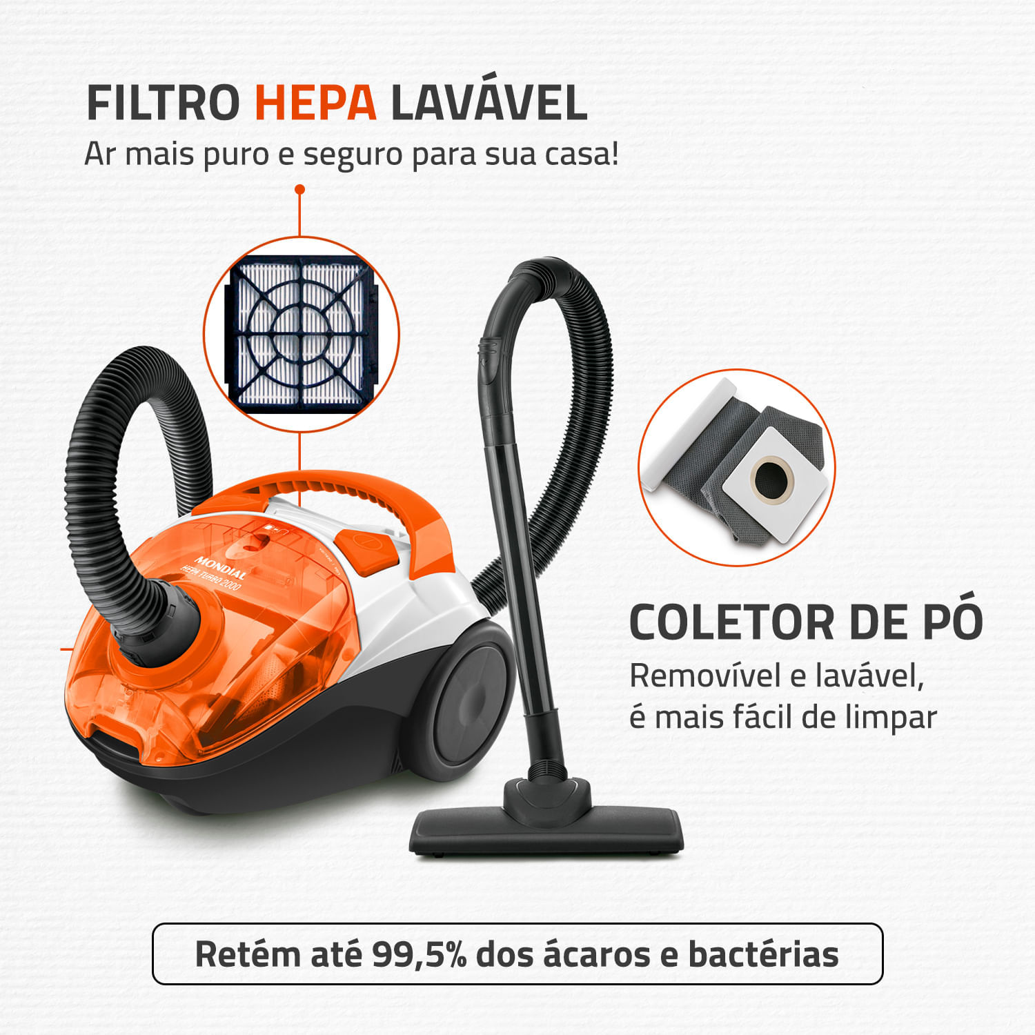 Miniatura Aspirador de Pó Mondial Turbo Hepa AP-15 ASPIRADOR PO-127V-BRANCO/LARANJA