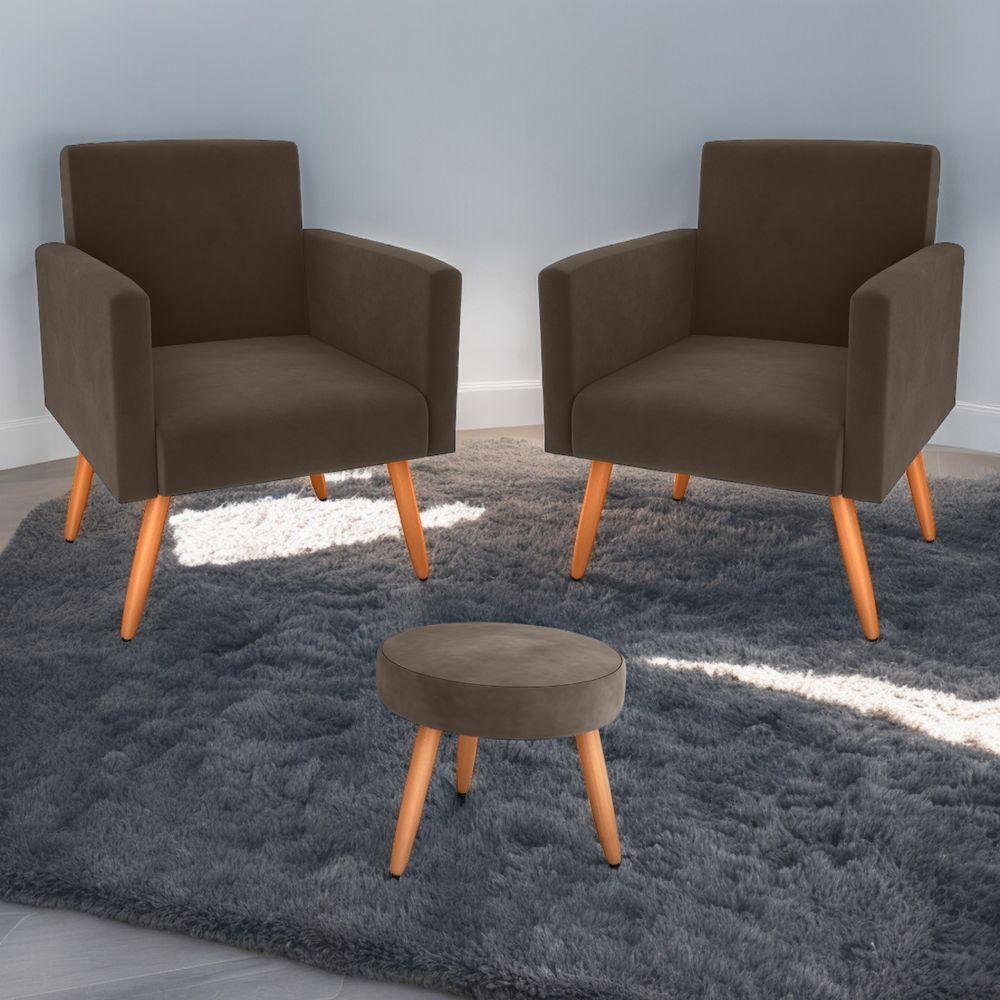 Miniatura Conjunto Poltronas E Puff Anari Veludo Marrom