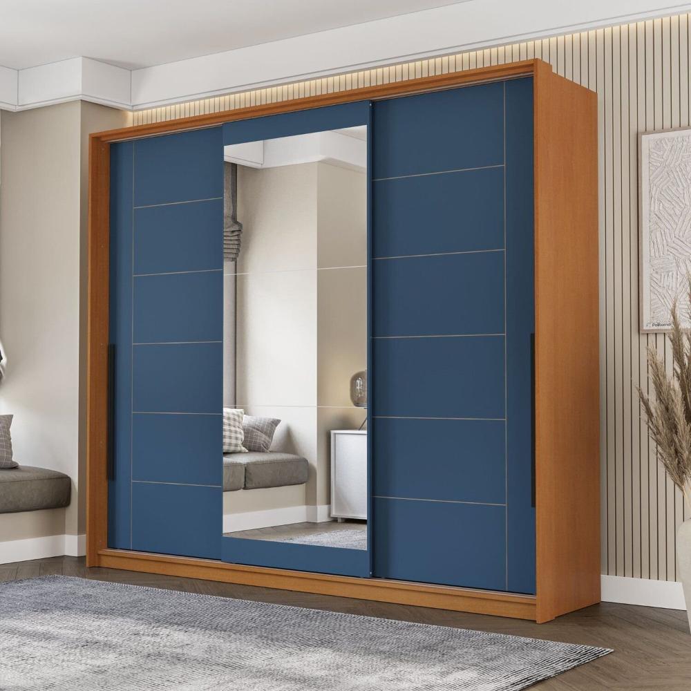 Miniatura Guarda Roupa 3 Portas de Correr 4 Gavetas com Espelho Lisboa Freijó/Azul