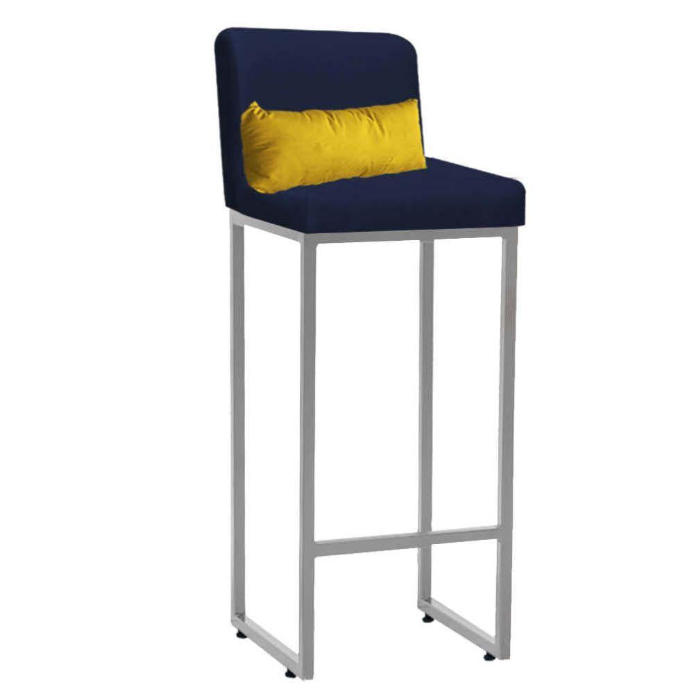 Miniatura Banqueta Alta Com Encosto Industrial Ferro Prata Suede Azul Marinho E Almofada Amarelo