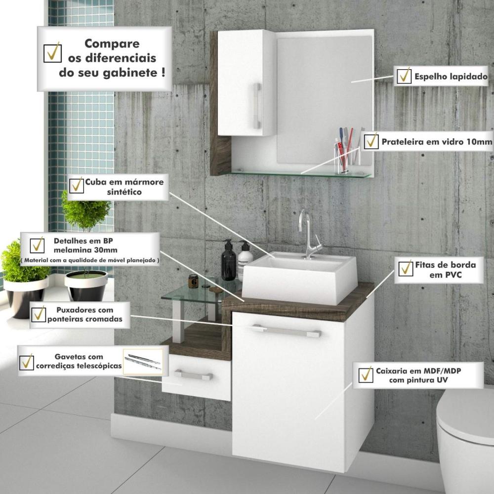 Gabinete para Banheiro com Cuba Quadrada Q32 e Espelheira com Porta Legno 630W Compace Branco/Carvalho Dark