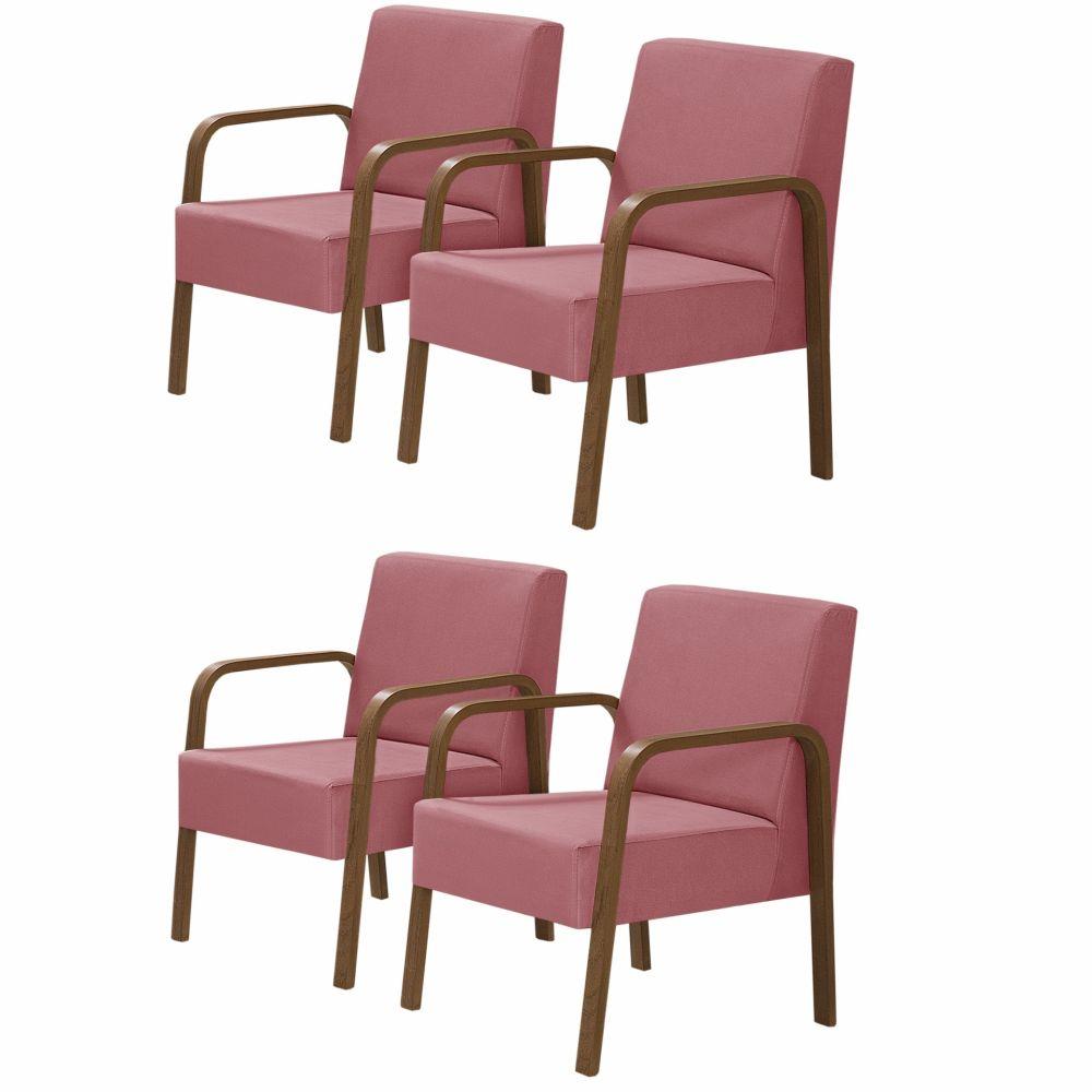 Miniatura Kit 4 Poltrona 1 Lugar Jade Braço Madeira Suede Rosa