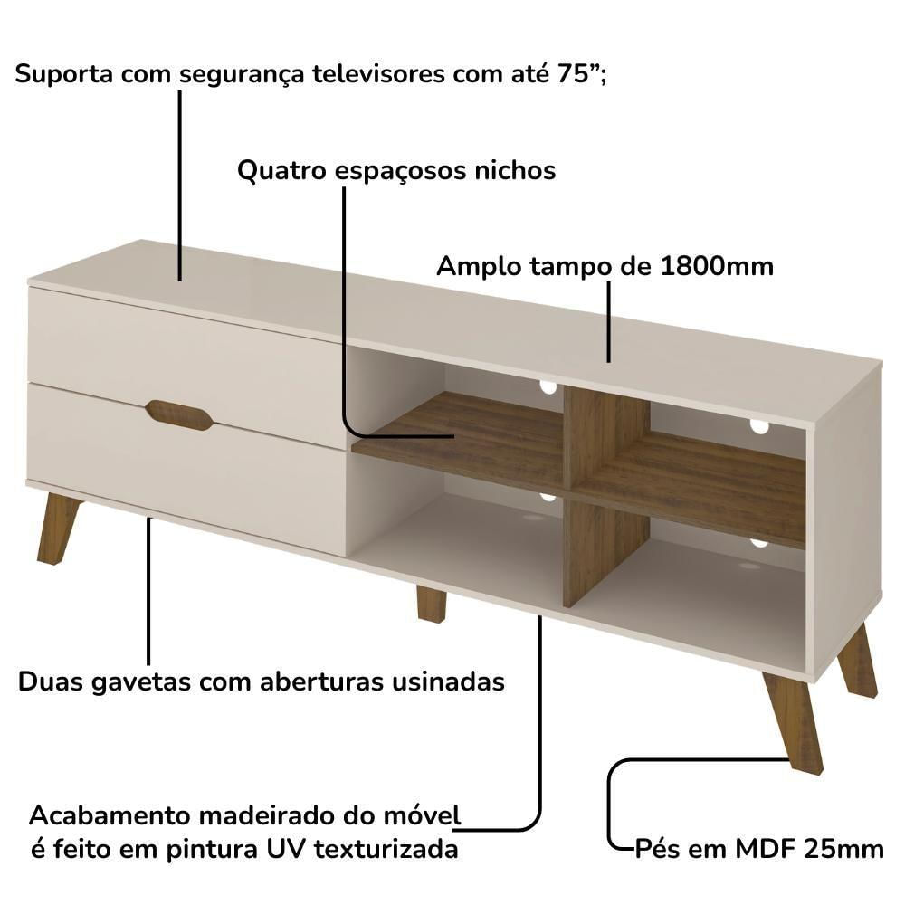 Miniatura Rack Bancada Tv 75 Pol Mdf 2 Gavetas Cedro Off White Arly Cedro Off White