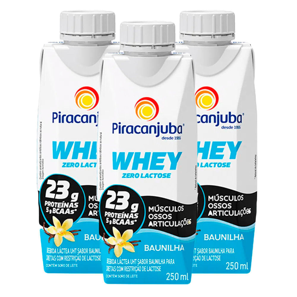 Miniatura Bebida Láctea Piracanjuba Whey Zero Lactose Baunilha 250ml | Kit com três unidades