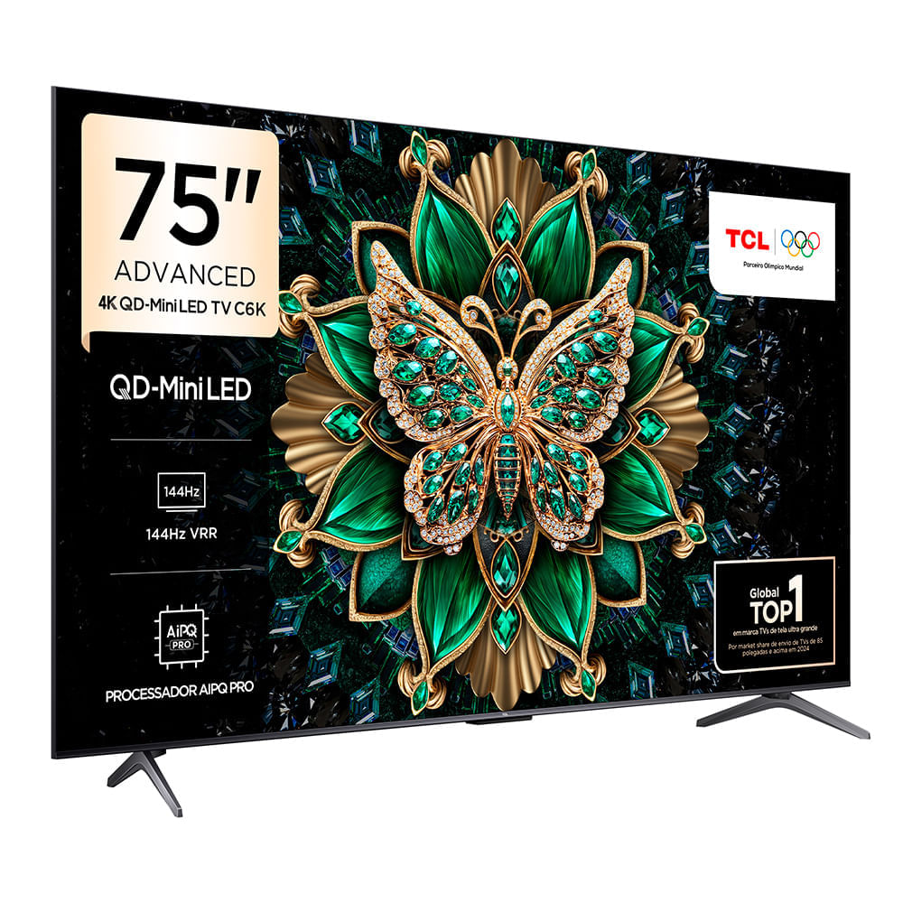 Smart TV 4K TCL QD-Mini LED 75” Polegadas com HDMI 2.1, Dolby Vision IQ, Subwoofer, 144Hz VRR e Wi-Fi - 75C6K Bivolt