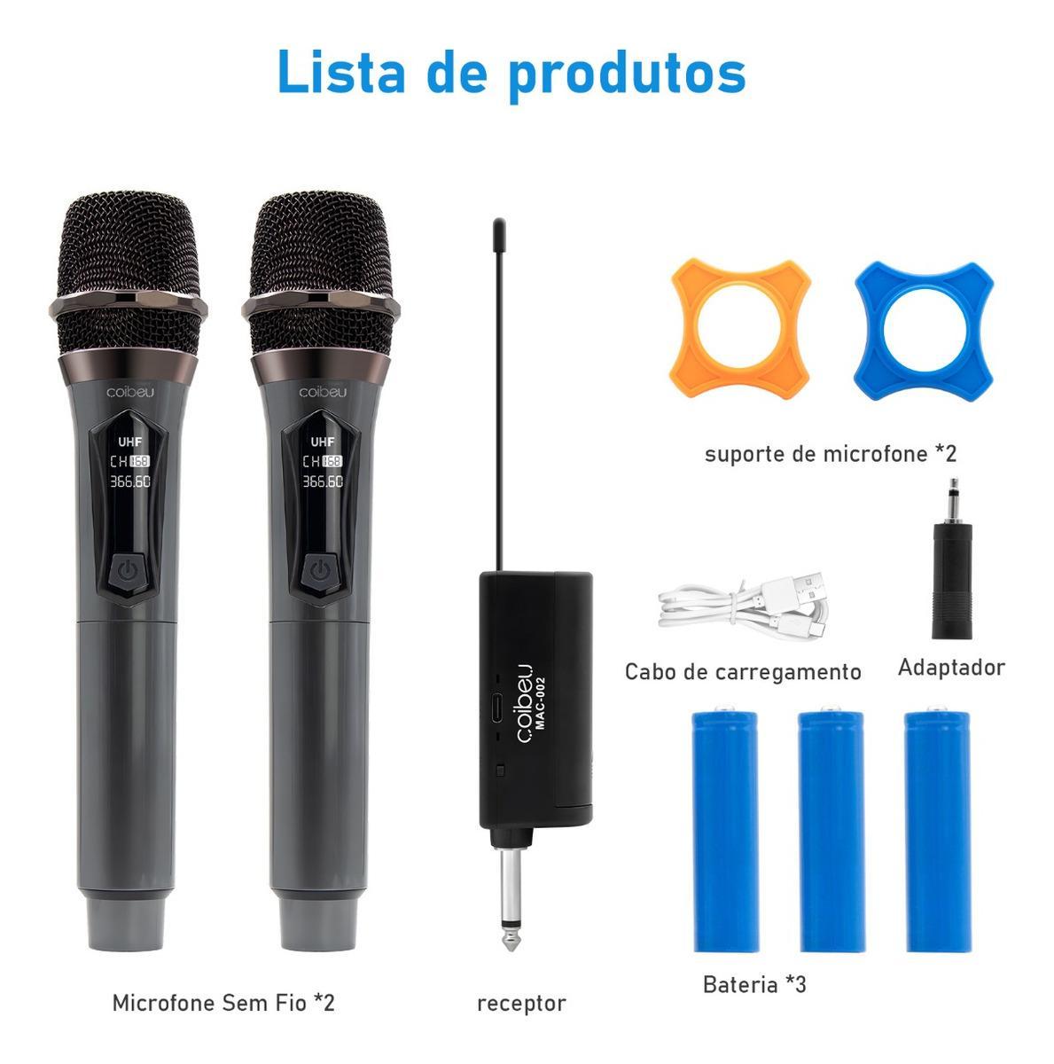 Miniatura Kit 2 Microfone Sem Fio Profissional Uhf Led Com Receptor Ec