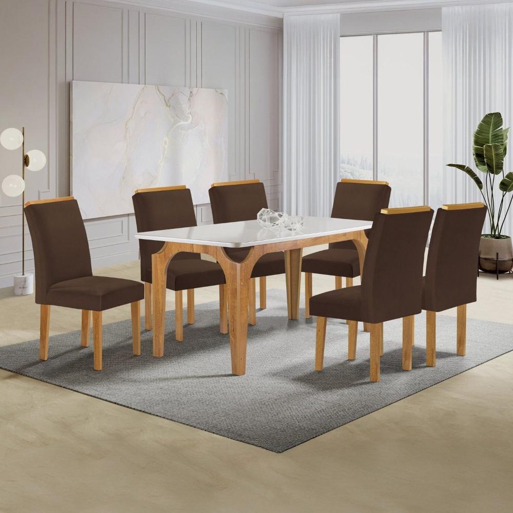 Miniatura Conjunto Mesa Melina 170cmx90cm com 6 Cadeiras Luisa Tampo Smart Plus com Vidro Cinamomo/Off White/Marrom