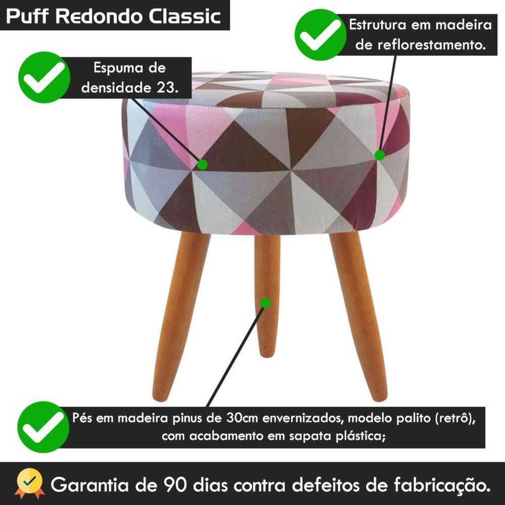 Puff Banqueta Classic Redondo Suede Estampa Triangulo Rosa