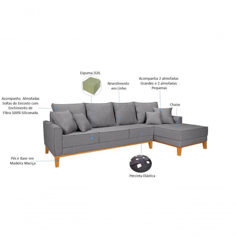 Miniatura Sofá Living 4 Lugares Beny Com Chaise Lado Esquerdo Linho Império Cinza Claro 185