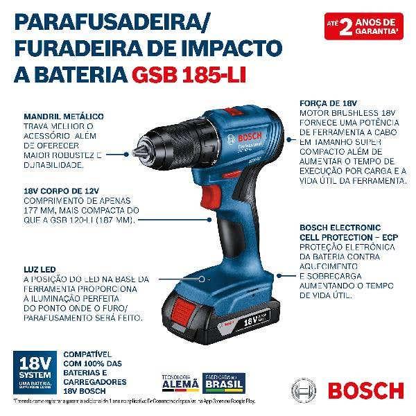 Parafusadeira Furadeira 18v Impacto GSB185-LI BOSCH + Brocas Bivolt