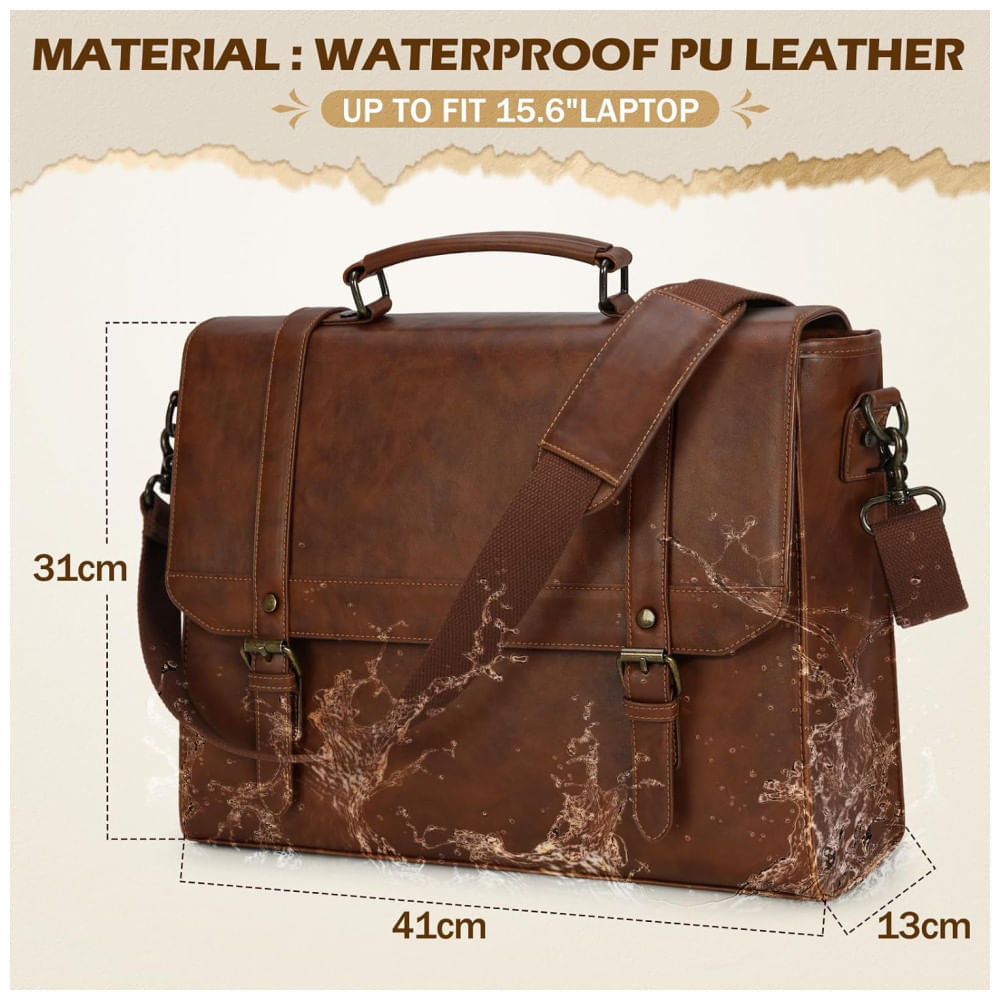 Bolsa Carteiro Masculina de Couro Sintético para Laptop com 15,6 Polegadas, IGOLUMON, Marrom 110v